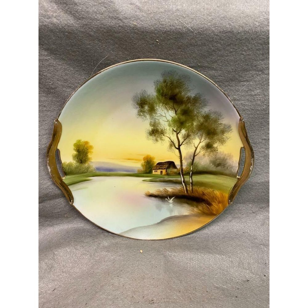 VINTAGE NORITAKE 10" HANDLED DISH COTTAGE & POND SCENE
